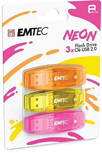 EMTEC Clé USB 2.0 C410 , Mémoire Flash Drive De 8 Go, Lecture 5Mb/S, Écriture 15Mb/S , Compatible USB 2.0, USB 3.0, Transparentes Néon Fluo Avec Capuchon , Pack De 3