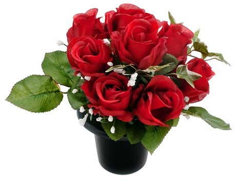 Red Rosebud and Ivy - Artificial Flower Grave Crem Pot