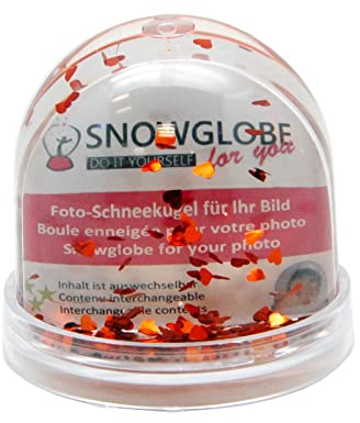 Foto-Schneekugel groß | mit Herzen rot | mit 2 x Bild Vorder- und Rückseite | Sockel transparent | B: 9 cm H: 8 cm | 2 Malvorlagen | Foto-Geschenk Liebe Bilderrahmen | 50009
