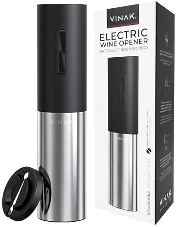 VINAK - Sacacorchos eléctrico recargable en acero inoxidable | Incluye batería recargable integrada + cable USB - C + cortacápsulas y espiral teflonada | Diseño moderno | Abrebotellas sin esfuerzo