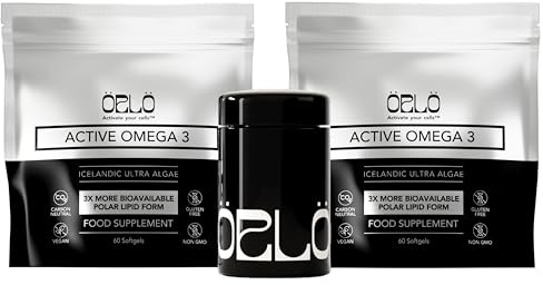 Orlo Vegan Omega 3 Algae Oil 1000mg - Natural Icelandic Nordic Omega-3 EPA & DHA Supplement - Fish Oil & Krill Alternative for Heart & Brain – 120 Easy-to-Swallow Burpless Mini Softgels & Jar