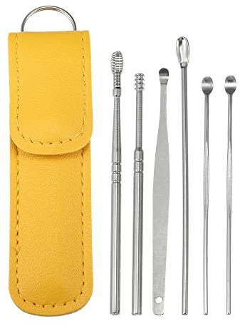 VOCOSTE Edelstahl Ohrenreinigungs-Set 6 Stück Gelb Für Ohrenpflege | Kunstleder Verpackung, Rutschfestes Ergonomisches Design, Abgerundetes Design, 11 x 2,9 x 0,9 cm