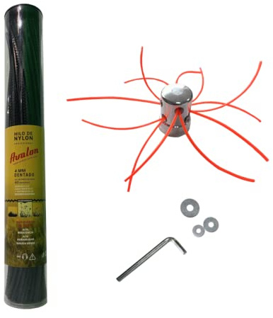 Avalon Cabezal Desbrozadora Universal Cabezal Multihilo Aluminio Profesional + Tiras de Hilo Dentado de Nylon Precortado 4 mm - 80 Unidades para Desbrozadora y Cortacésped