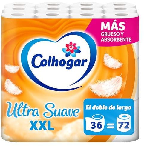 Colhogar Ultra Suave XXL x36 - Equivalente a 72 rollos - 2 Capas - 100% Libre de Perfume - Blanco - Paquete de 36 Rollos Extra Grandes (3x12)