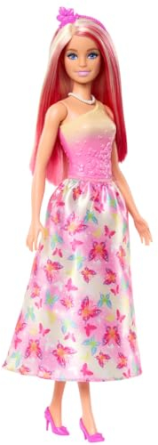 Barbie Princesa Muñeca con Falda de Mariposas Rosa, Diadema y Zapatos, Juguete +3 años (Mattel HRR08)