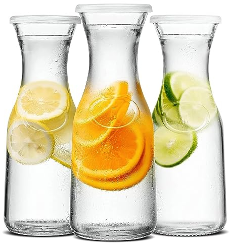 QMAAAYS 3pcs Glass Carafe Pitchers, 1L/34oz Capacity, Transparent, Modern, Unique Design, Tight-Fitting Lids, Perfect for Wine, Juice, Coffee, Milk, Dishwasher Safe