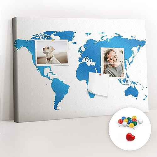 Tulup Pinnwand Tourkarte Korkbrett 60x40 cm Leinwand Memoboard Küche Reise-Tracker - Weltkarte