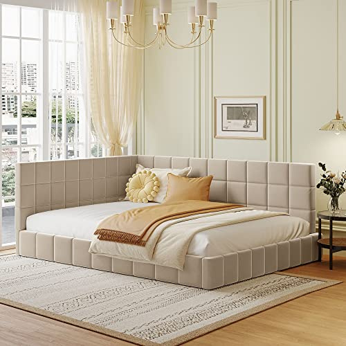 QVUUOU Grounded Daybed with Lattice Styling, Full Size Wooden Frame for Kids & Adults, Velvet Fabric Upholstered Bed (Beige)