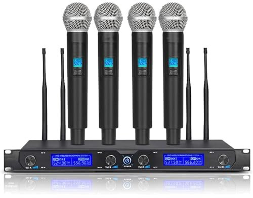 HSHTTKL Sistema microfonico Wireless Professionale a 4 canali UHF Una Uscita Mista da 1/4 e Quattro uscite individuali da 1/4 Microfono Portatile Nero