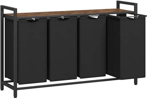 VASAGLE Cesto Portabiancheria, Porta Biancheria, 4 Sacchi in Tessuto Rimovibili, Piano d扐ppoggio, Metallo, 4 x 40 L, 116 x 33 x 72 cm, Nero Inchiostro e Marrone Vintage BLH401B01