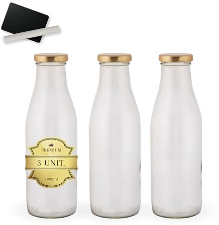 3 botellas de vidrio de 1000 ml con etiquetas de pizarra-botellas de leche, ideales para batidos, jugos, salsas, cócteles, ideales para recuerdos de bodas y picnics