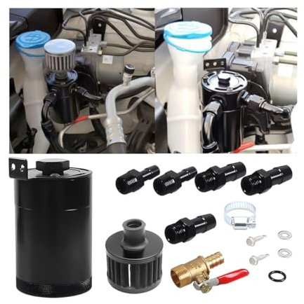 AUCELI Car Oil Catch Can Kit, Automotive Aluminum Baffled Oil Reservoir Tank Oil Separator with Adapters and Drain Valve Plug, 2 Ports oulet & inlet Breather Filter, 150ML Universal Fit