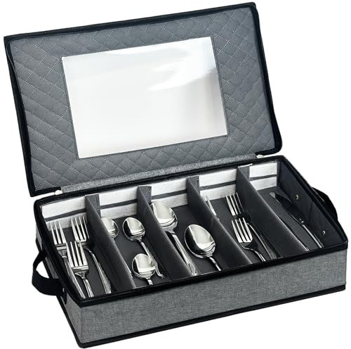 VERONLY Flatware Utensil Storage Case, Silverware Box With Dividers, 5 Compartment Cutlery Holder With Removable Lid, Handles for Knives (Light Gray)