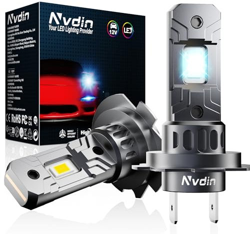 Nvdin h7 led 20000lm, lampadine per fari auto o moto, kit lampadina senza ventilatore per abbaglianti o anabbaglianti o fendinebbia, dimensioni 1:1 alogena, luce bianca 6000k