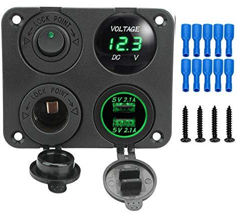 MUEOSI Chargeur de Voiture 12 V 4 en 1 Double USB, voltmètre, Allume-Cigare, Interrupteur Marche/arrêt, for Bateau, Camping-Car, Camion, Camping-Car Tableau électrique(Green)