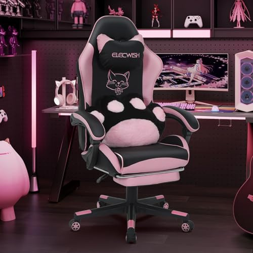 Fullwatt Gaming Stuhl Cute mit Katzenpfote Lendenkissen und Katzenohren, Ergonomisch Racing Stuhl, mit Fußstütze und Abnehmbare Kopfstütze, Höhenverstellbar PU Leder Rosa (Rosa)