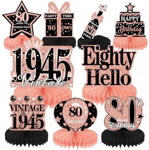Luvart 80th Birthday Decorations Women - Rose Gold 9PCS Table Decorations for 80th Birthday Party Vintage Party Supplies for Woman Men Honeycomb Centerpieces Decor