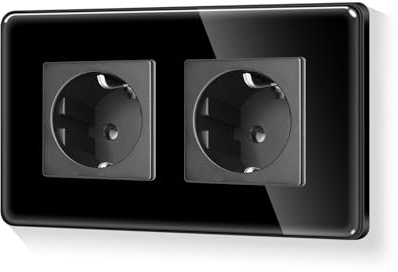 LIAONFOY Runde Schuko Doppel Steckdose Glasrahmen Unterputz 2 Fach Wandsteckdose mit Gekurbte Kanten rahmen Schwarz 16Amp 110-250V 157mm