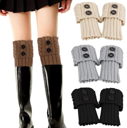 Esshogo 3 Paar Leg Warmers, Weiche Winter Stulpen, Stulpen Damen aus Baumwolle, Stricken Häkelarbeit Kurze Knopf Pulswärmer, Stricken Häkelarbeit Kurze Leg Warmers, Gestrickte Leg Warmers