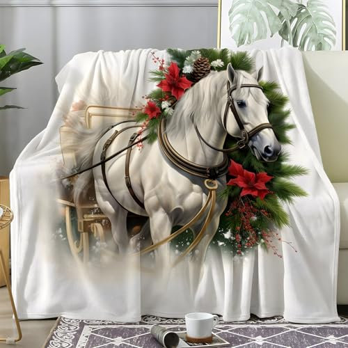 Weihnachtsdecke - Kuscheldecke Flauschig Weihnachts Pferd, Decke Fleecedecke Weihnachtssternblume, Weiche Warme Decke Wohndecke als Sofadecke Wolldecke Couchdecke Tagesdecke, 230x270 cm Y-965