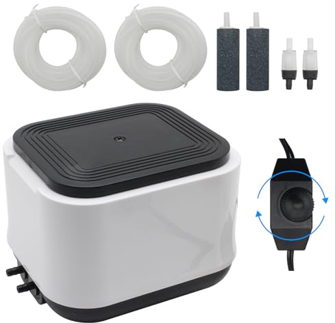 HUIXHAO Aquarium Air Pump Ultra Quiet for Fish Tank 300Gallon,Including Air Stones, Tubing, Check Valve,2 Air Outlets Adjustable Fish Tank Aerator for Livewell 190GPH 5W,Bubbler