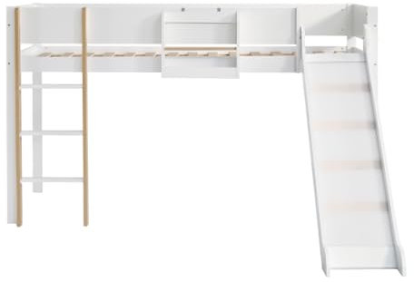 LUNEX HOME Letto a soppalco 90 x 200 cm in legno di pino per bambini con scivolo, ripiano rimovibile e scala dritta a tre livelli, colore bianco e legno naturale