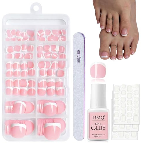 DMQ French Press on Nails for Toe, 120Pcs Square False Toenails Short, Nude Pink French Tip Fake Toe Nails, Full Cover Stick on Toenails with Glue for Women Toe Nail Art Manicure Decorations