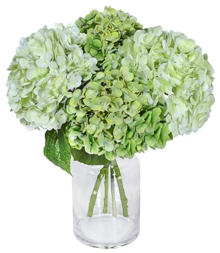 LiuSuper 4 Flores Artificiales de hortensias, 20 Pulgadas, látex Verde Claro y Verde, Flores de hortensias de Tacto Real, Ramo de Flores de hortensias sintéticas para decoración del hogar, Porche
