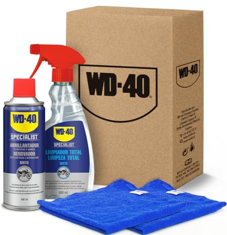 WD-40 Specialist Motorbike Kit Limpiador (Abrillantador de Plásticos y Gomas + Limpiador Total + 2 Paños de Microfibra)