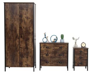 CFDZ Retro Industrial Style Bedroom Furniture 3 Pieces Set 2 Doors Wardrobe + (2+2) Drawers Chest + 3 Drawers Bedside Table for Bedroom Wardrobe Set