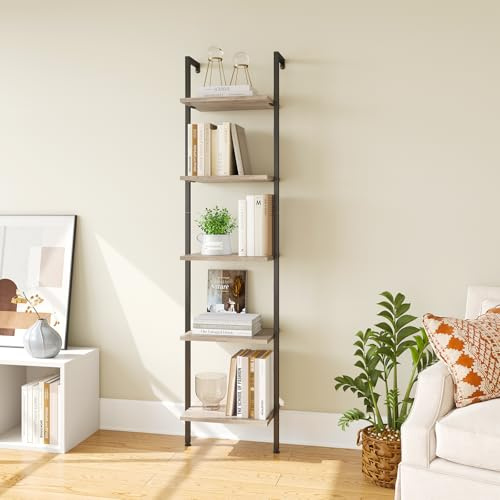 ELYKEN Ladder Shelf, 5-Tier Wood Wall Mounted Bookshelf with Metal Frame, Vintage Open Display Organizer Rack, Leaning Storage Shelves for Living Room, Bedroom, Home Office, Greige