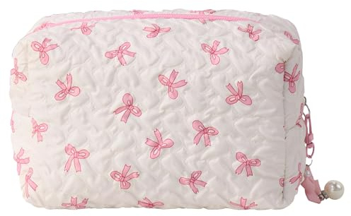 YSUY Small Makeup Bag for Handbag, Cute Coquette Make Up Bag, Mini Quilted Cosmetic Pouch - Pink Handbag Organizer, Small Travel Make Up Bags for Purse (Pink)