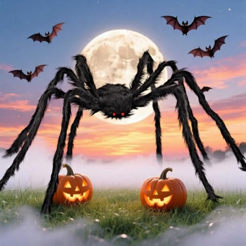 Cromaxa Giant Halloween Spider Decorations 1.5M - Extra Large Life Size Spooky Spiders Fake Black Hairy Realistic Big Spider with Red Eyes for Outdoor/Indoor Halloween Party Props Decor (150cm)