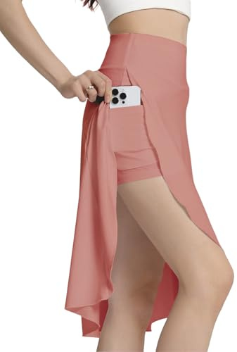 Bezioner Byxkjol dam sommar midikjol tenniskjol med byxor fickor hög midja golfkjol sportkjol med slits volangfåll, ROSA, XL