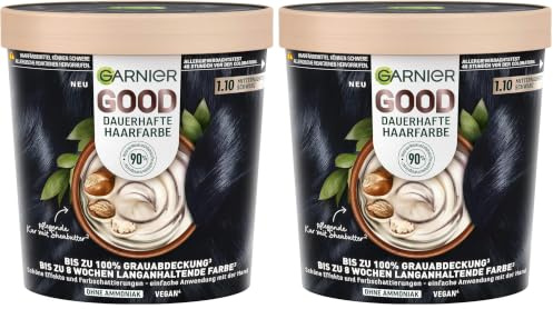 Garnier GOOD Dauerhafte Haarfarbe 1.10 Mitternachts-Schwarz – Coloration ohne Ammoniak, bis zu 100% Grauabdeckung, 1 Stk. (Packung mit 2)