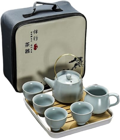HUMOCHUSON Ice Crack Keramik Tragbares Teeservice Für Den Haushalt, Outdoor, Camping, Japanisches Teeservice, Firmenveranstaltung, Jahrestagung, Geschenk, Blau, 7-Teiliges Set