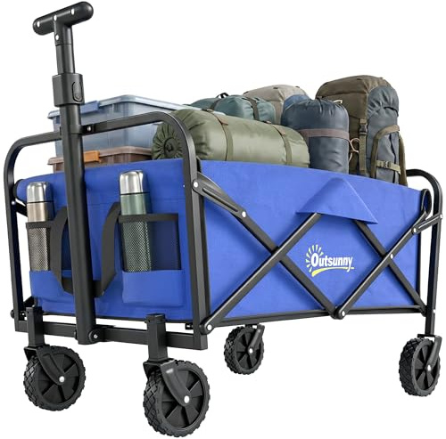 Outsunny 93L Festival Trolley on Wheels, Garden Folding Trolley Cart, 120kg Heavy Duty Collapsible Folding Wagon with Adjustable Handle and Carrying Bag for Beach, Camping, Festival, Blue