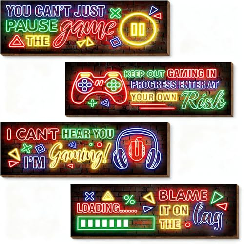 DWUENT Wooden Sign Gaming Accessories - 20x30cm Galvanised Iron Boys Bedroom Plaque with Pre-Drilled Holes, HD Printed Vibrant Fluorescent Wall Decor for Gaming Room, E-Sports Hotels & Man Cave (4)