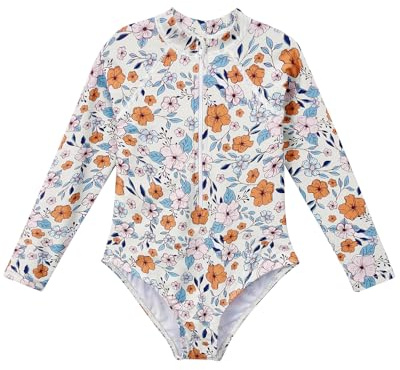 Century Star UPF 50+ Girls Long Sleeve Swimsuit - Rash Guard Swimsuit Toddler Kids Teen One Piece Bathing Suit Zip 2-15Y Orange Flower 8-9 Years XL