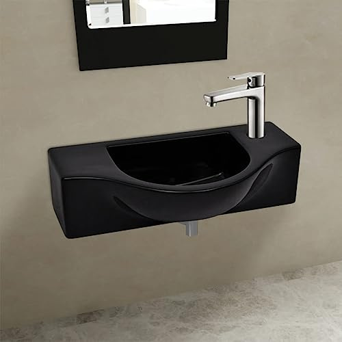 Qnhdfrt Black Ceramic Bathroom Sink with Faucet Hole | Features a high-gloss finish and pre-drilled drain hole, sized 45x25x12cm for compact guest bathrooms and RV camping.