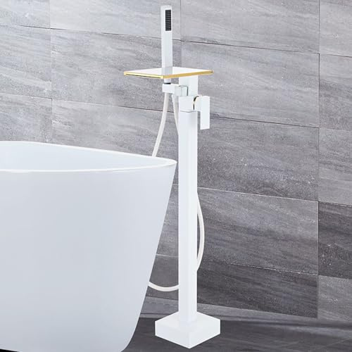 BiaoTeng Freistehende Badewannenarmatur Wannenarmatur mit Brause Wasserfall 360° Drehbar Warm und Kalt Einhebelmischer Badewannenarmatur Bodenmontage Weiß + Gold