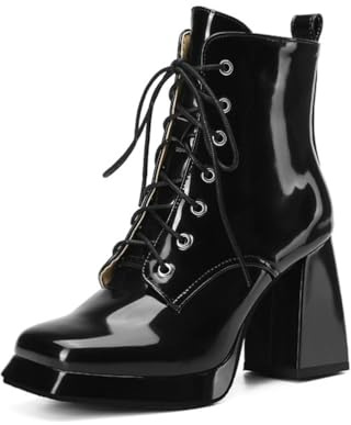 Generico Stivaletti Donna Pelle Verniciata Punta Quadrata Tacco Largo con Lacci Fodera Morbida Soletta Imbottita Comodi Antiscivolo Resistenti Sera Festa Prom,Nero,42.5 EU