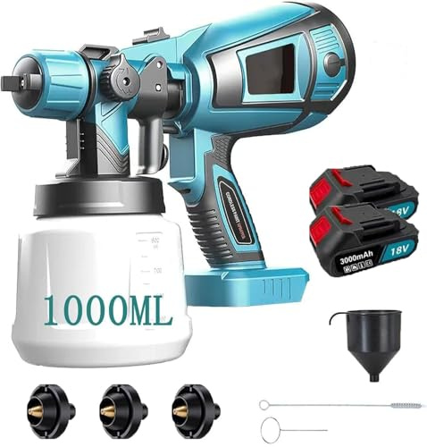 Schnurloses Farbsprühsystem, Farbspritzgeräte mit 18V Akku, Zaun-Farbspritzpistole mit 2X 300mAh Akkus, Elektro Lackierpistole mit Ladegerät & 1000ML Behälter für Zäune ﻿﻿