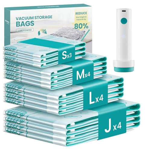 SONGMICS 15 Pack Vacuum Storage Bags, Electric Pump, 3S/4M/4L/4J | Rechargeable Portabe, Space Saver Reusable, Clothes Bedding Comforters Travel, Transparent, ISLAND Collection LVB203W101