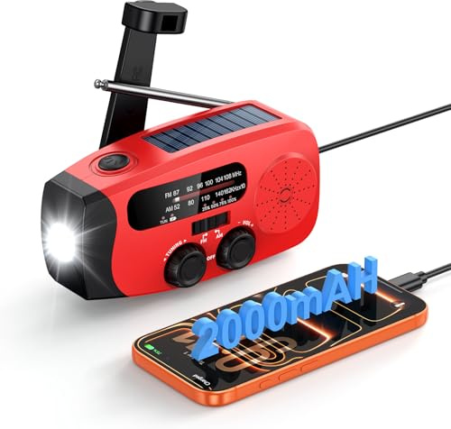 Kurbelradio, Notfall Ausrüstung Solar Radio Emergency, Notfallradio mit kurbel 2000mAh Power Bank mit LED Taschenlampe, AM/FM Solarradio batteriebetrieben mit SOS Alarm für Survival, Ourdoor, Camping