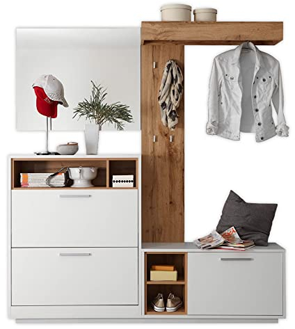 MILANO Kompaktgarderobe in Weiß, Wildeiche Optik - Modernes Flurgarderoben Set mit Spiegel für Ihren Eingangsbereich - 177 x 195 x 32 cm (B/H/T)