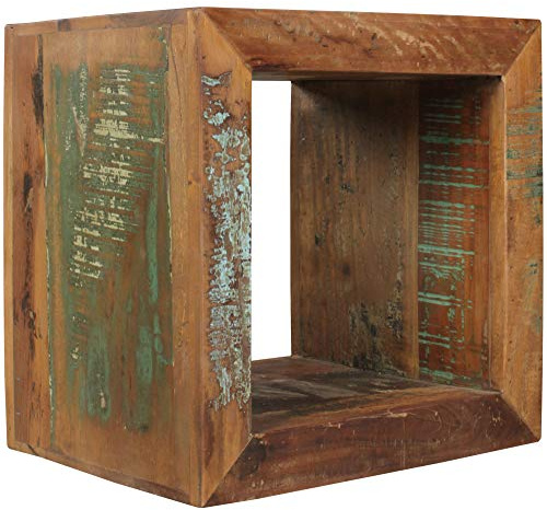 FineBuy Beistelltisch KALKUTTA 45x45x35 cm Massivholz mit Ablage | quadratischer Cube Tisch im Shabby Chic Stil, Wohnzimmertisch mit Fach, als Nachttisch nutzbar, handgefertigt