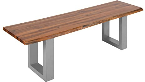 SAM Sitzbank Esra 160x40 cm, Akazien-Holz, Silber lackierte Metallbeine | Massive Holzbank, echte Baumkante, Bank