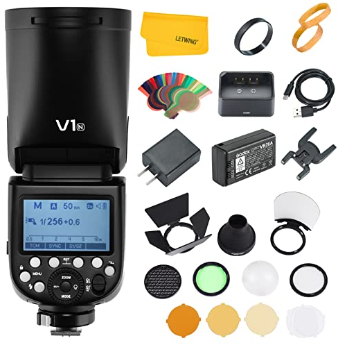 Godox V1N TTL Flash para Nikon, 2.4G inalámbrico Flash de Cabeza Redonda 1/8000s HSS con batería de Li-Ion de Alto Rendimiento con Godox AK-R1 Accesorios Kit para fotografía de Estudio/Retrato/Boda