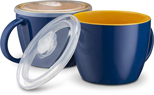 KooK Ceramic Soup Mug Set with Lid & Handles, 25 Oz Microwave-Safe Bowls for Cereal, Overnight Oats, Coffee, Travel Use, Navy/Pumpkin, Set of 2
